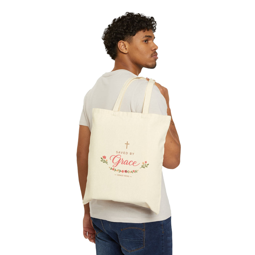 Saved by Grace Canvas Tote Bag — Faith Floral Scripture Grocery Tote